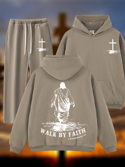 Walk by Faith Jesus God Christian Plush Fleece-Lined Hoodie Set