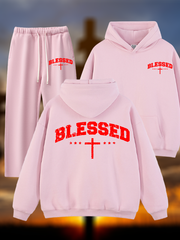 Blessed Cross Jesus God Christian Plush Fleece-Lined Hoodie Set
