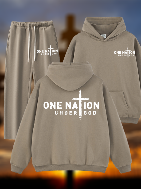One Nation Under God Cross Jesus God Christian Plush Fleece-Lined Hoodie Set