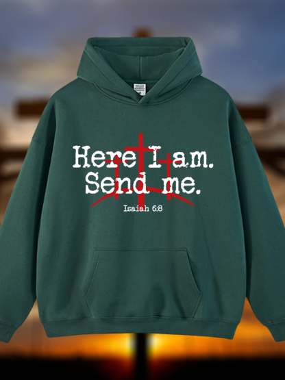 Here I Am Send Me - Bible Verse Isaiah 6:8  Jesus God Christian Plush Fleece-Lined Hoodie