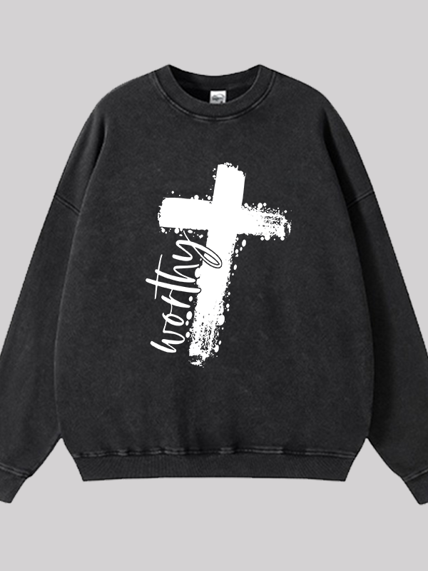 Worthy Cross Print  Jesus God Christian Washed Sweatshirt