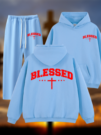 Blessed Cross Jesus God Christian Plush Fleece-Lined Hoodie Set