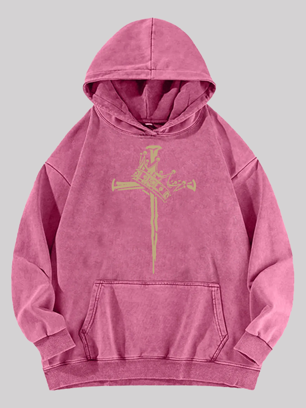 Cross Crown Jesus God Christian Washed Hoodie