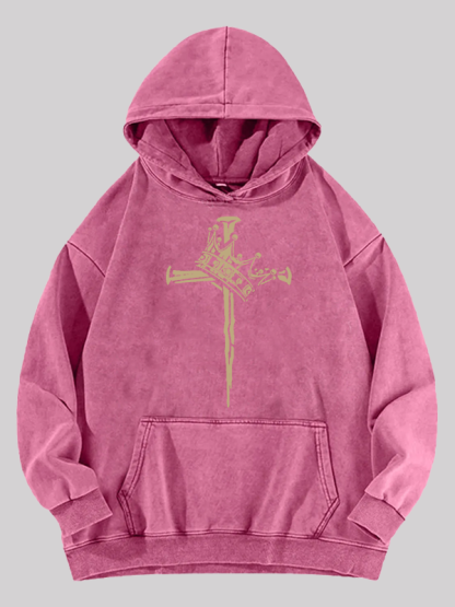 Cross Crown Jesus God Christian Washed Hoodie