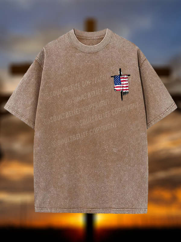 Faith Flag Cross Jesus God Christian Washed T-Shirt