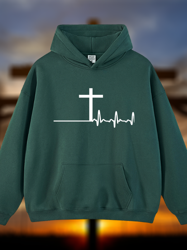 ECG Cross Jesus God Christian Plush Fleece-Lined Hoodie