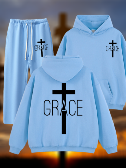 Grace Cross Jesus God Christian Plush Fleece-Lined Hoodie Set