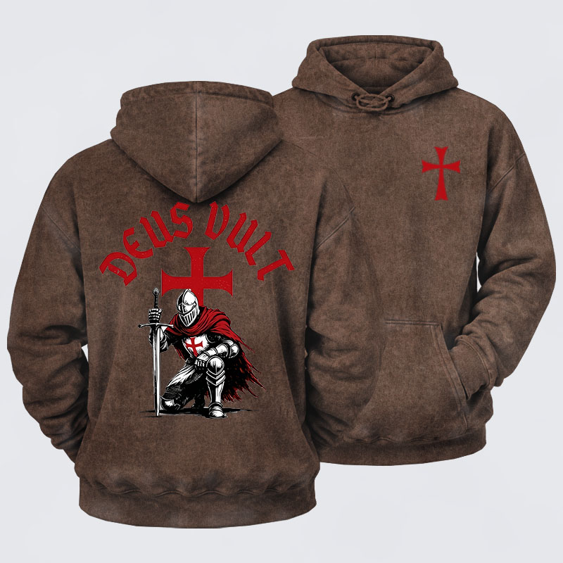 Washed Hoodie - Templar Knight Crusader Deus Vult