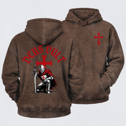 Washed Hoodie - Templar Knight Crusader Deus Vult