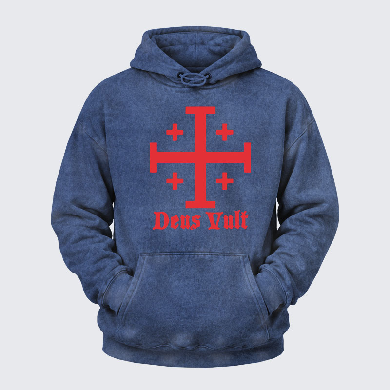Washed Hoodie - Jerusalem Cross Deus Vult