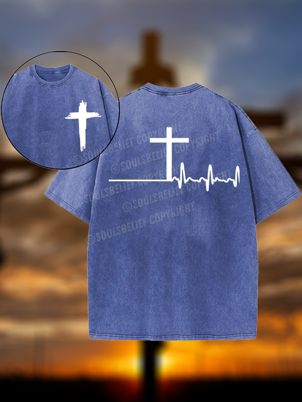 ECG Cross Christian Washed T-Shirt