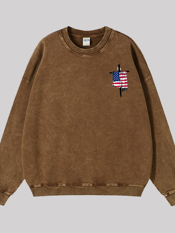 Faith Flag Cross Print  Jesus God Christian Washed Sweatshirt