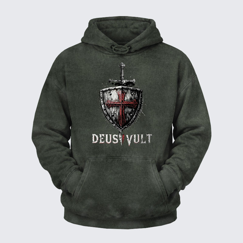Washed Hoodie - Deus Vult Crusader Shield Templar Cross