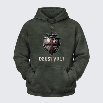 Washed Hoodie - Deus Vult Crusader Shield Templar Cross