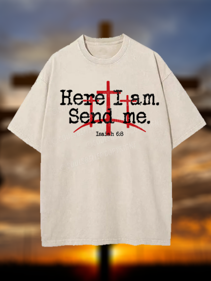 Here I Am Send Me - Bible Verse Isaiah 6:8 Christian Washed T-Shirt