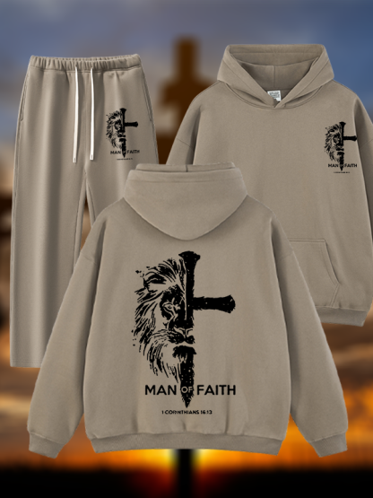 Man of Faith Jesus God Christian Plush Fleece-Lined Hoodie Set