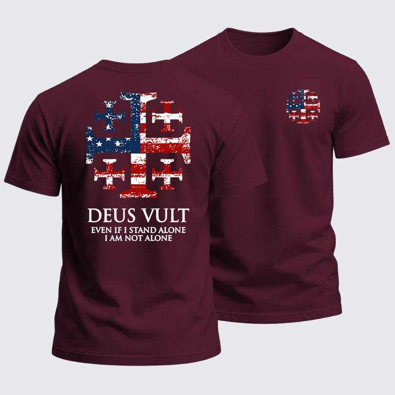 Heavyweight Cotton Tee -  Deus Vult Jerusalem Cross Usa Flag Even If I Stand Alone, I Am Not Alone