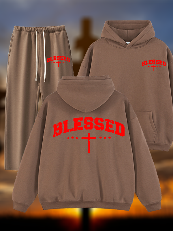 Blessed Cross Jesus God Christian Plush Fleece-Lined Hoodie Set