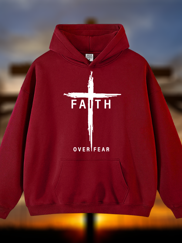 Faith Over Fear Cross Jesus God Christian Plush Fleece-Lined Hoodie