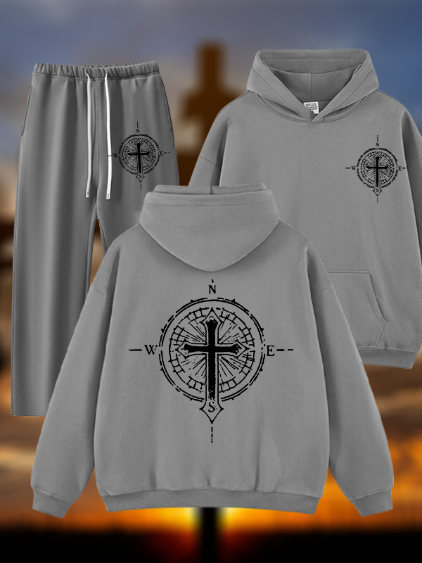 Cross Compass Jesus God Christian Plush Fleece-Lined Hoodie Set
