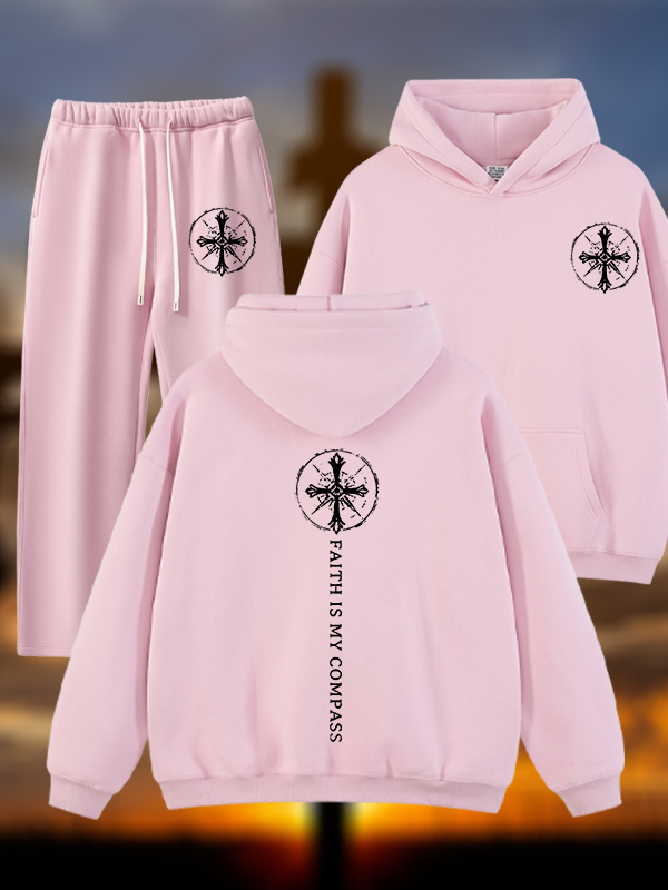 Faith Is My Compass Jesus God Christian Plush Fleece-Lined Hoodie Set