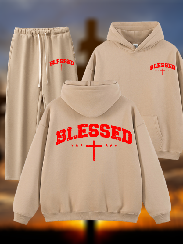 Blessed Cross Jesus God Christian Plush Fleece-Lined Hoodie Set
