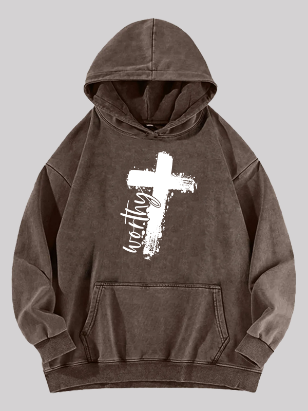 Worthy Cross  Jesus God Christian Washed Hoodie
