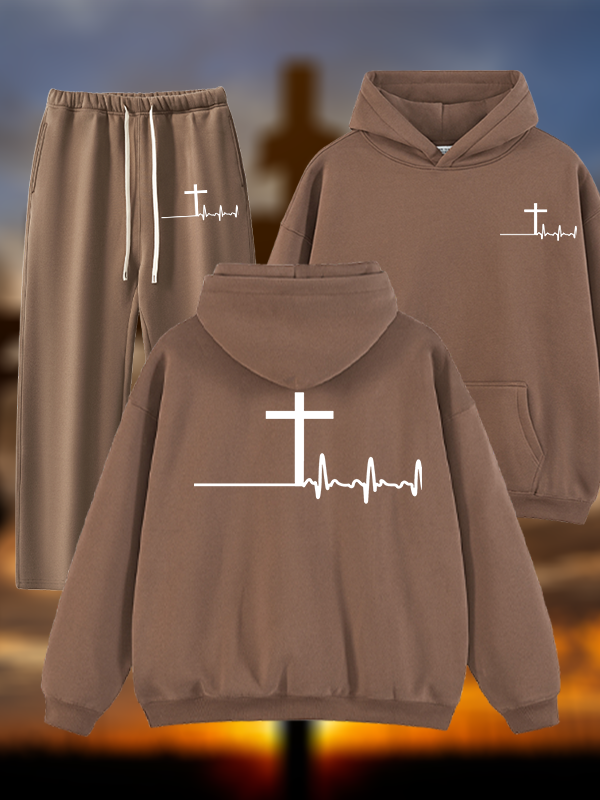 ECG Cross Jesus God Christian Plush Fleece-Lined Hoodie Set