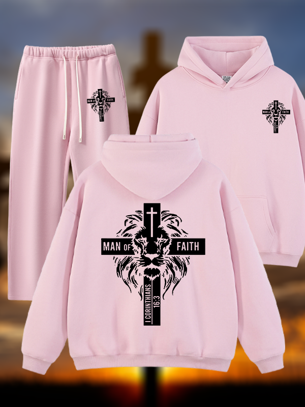 Man of Faith  Jesus God Christian Plush Fleece-Lined Hoodie Set