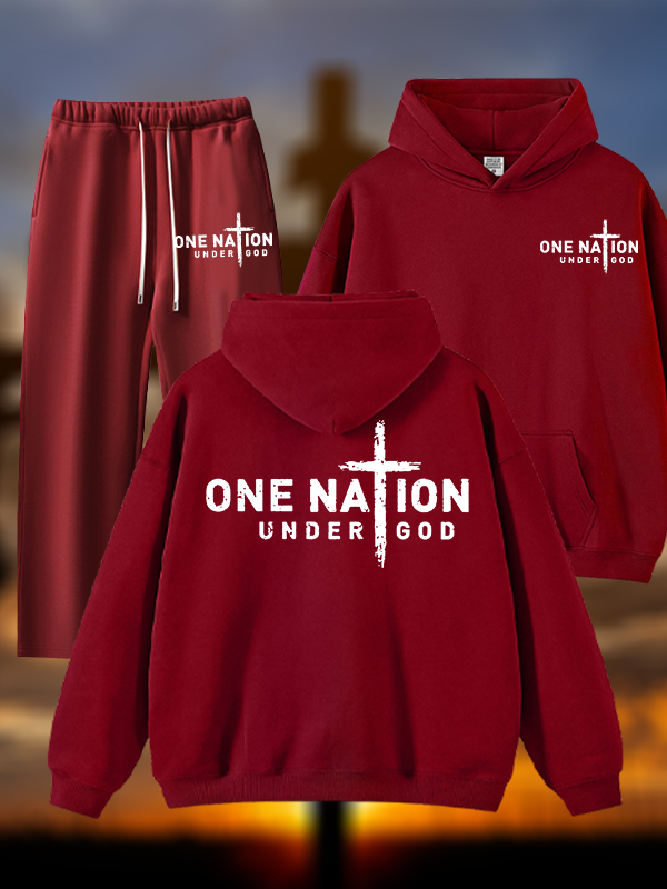 One Nation Under God Cross Jesus God Christian Plush Fleece-Lined Hoodie Set