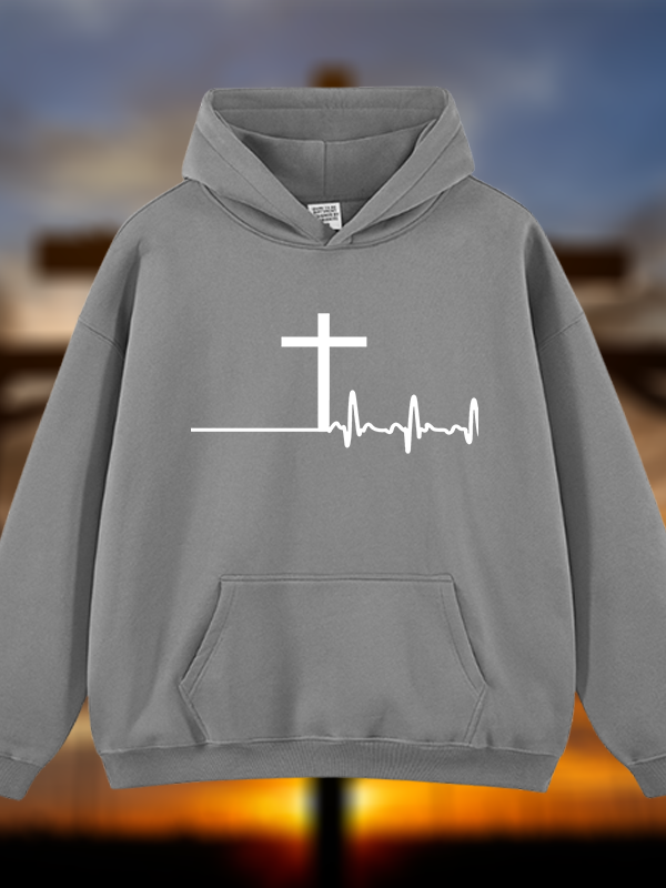 ECG Cross Jesus God Christian Plush Fleece-Lined Hoodie