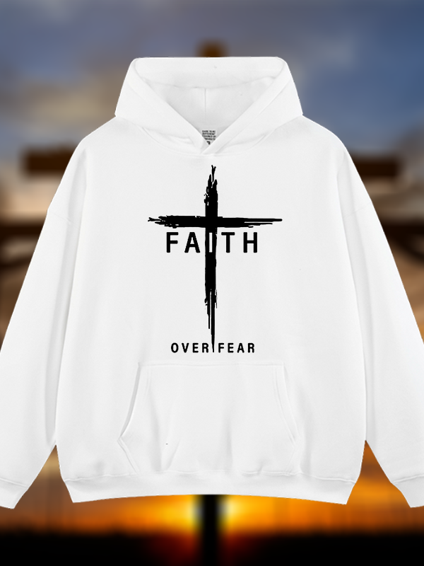 Faith Over Fear Cross Jesus God Christian Plush Fleece-Lined Hoodie