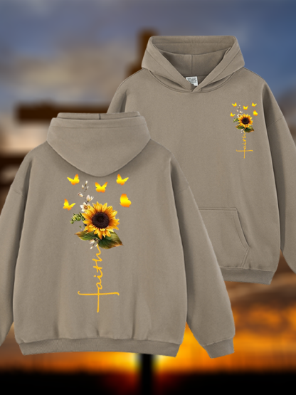 Sunflower Faith Religious Jesus God Christian Plush Fleece-Lined Hoodie