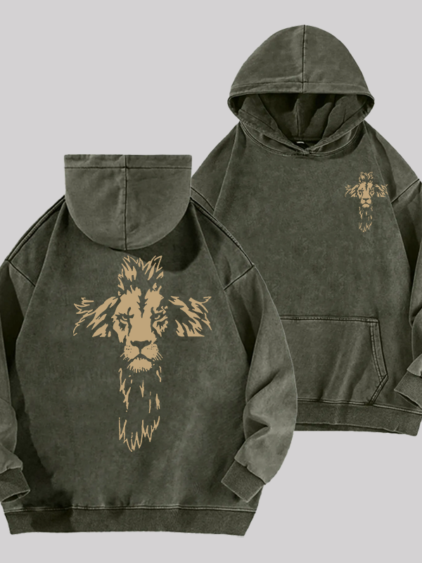 Lion Cross  Jesus God Christian Washed Hoodie