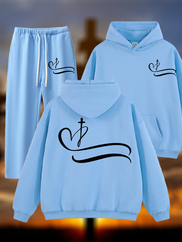 Heart Cross Jesus God Christian Plush Fleece-Lined Hoodie Set