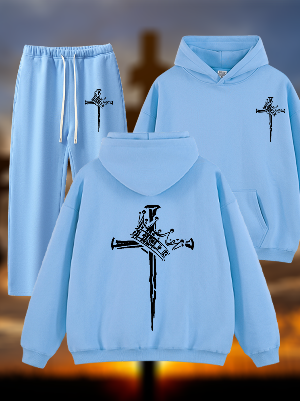 Cross Crown Jesus God Christian Plush Fleece-Lined Hoodie Set