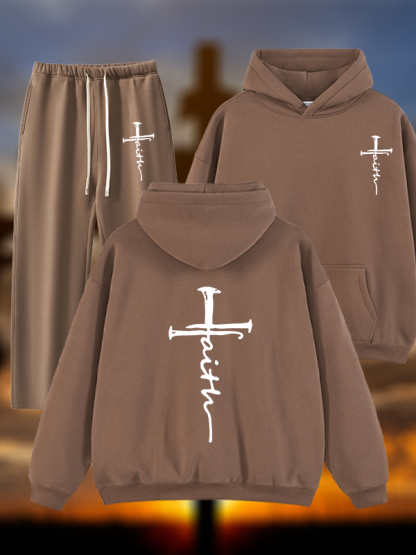 Cross Jesus God Christian Plush Fleece-Lined Hoodie Set