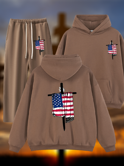 Faith Flag Cross Print Jesus God Christian Plush Fleece-Lined Hoodie Set