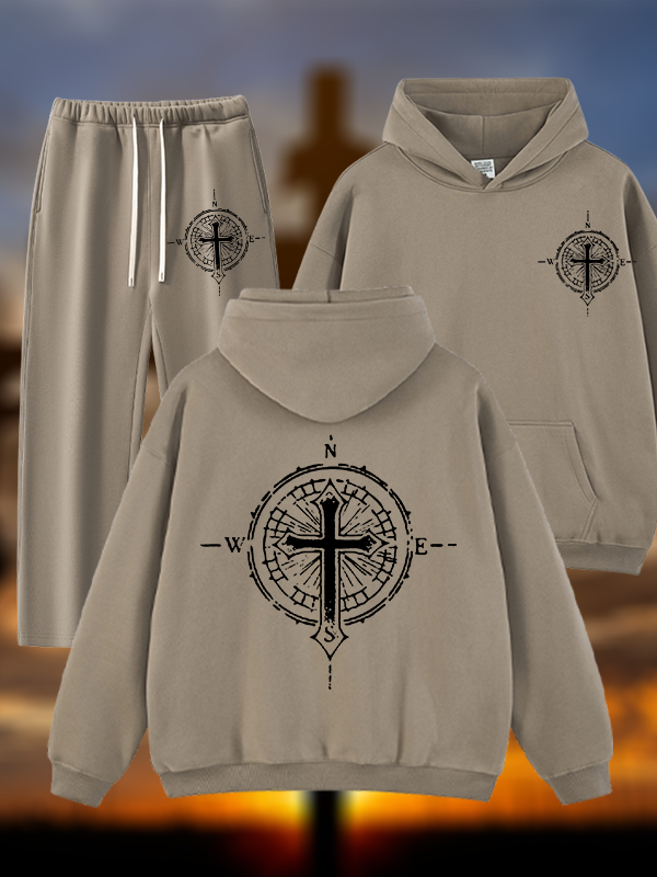 Cross Compass Jesus God Christian Plush Fleece-Lined Hoodie Set