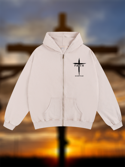 Faith Over Fear Cross Jesus God Christian Washed Zip-Up Hoodie