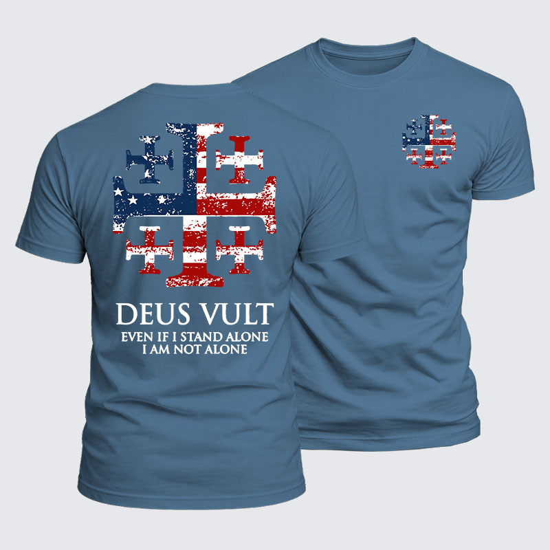 Luxe Mercerized Cotton Tee - Deus Vult Jerusalem Cross Usa Flag Jerusalem Cross Even If I Stand Alone, I Am Not Alone