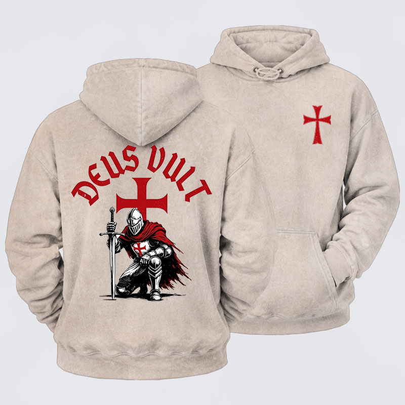 Washed Hoodie - Templar Knight Crusader Deus Vult