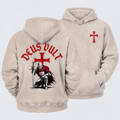 Washed Hoodie - Templar Knight Crusader Deus Vult