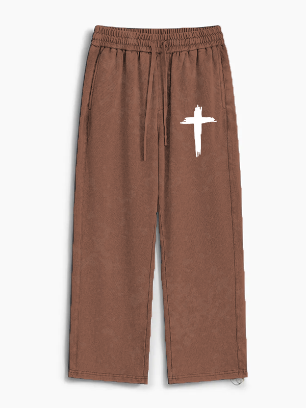 Cross Printed Jesus God Christian Washed Sweatpants