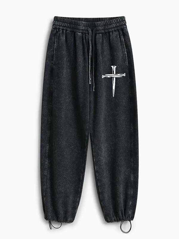 Cross Printed Jesus God Christian Washed Sweatpants