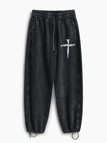 Cross Printed Jesus God Christian Washed Sweatpants