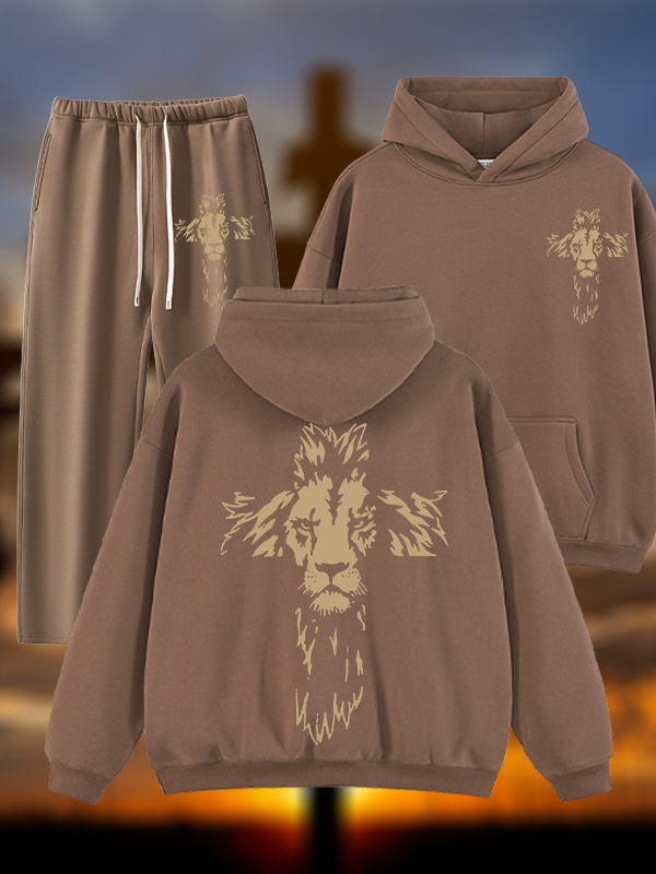 Lion Cross Jesus God Christian Plush Fleece-Lined Hoodie Set