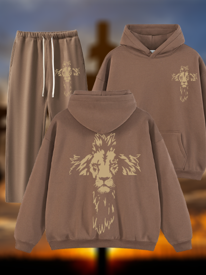 Lion Cross Jesus God Christian Plush Fleece-Lined Hoodie Set