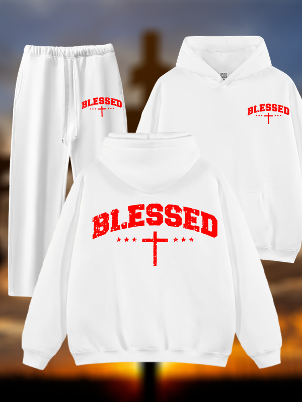 Blessed Cross Jesus God Christian Plush Fleece-Lined Hoodie Set
