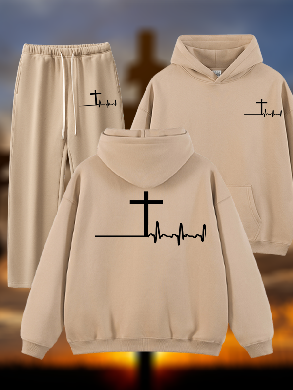 ECG Cross Jesus God Christian Plush Fleece-Lined Hoodie Set